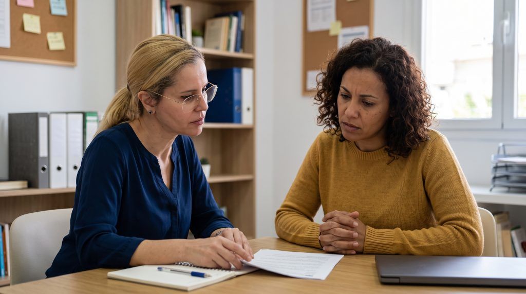 Neuropsicóloga orientando a una paciente sobre acceso a tratamiento para trastorno neurológico funcional