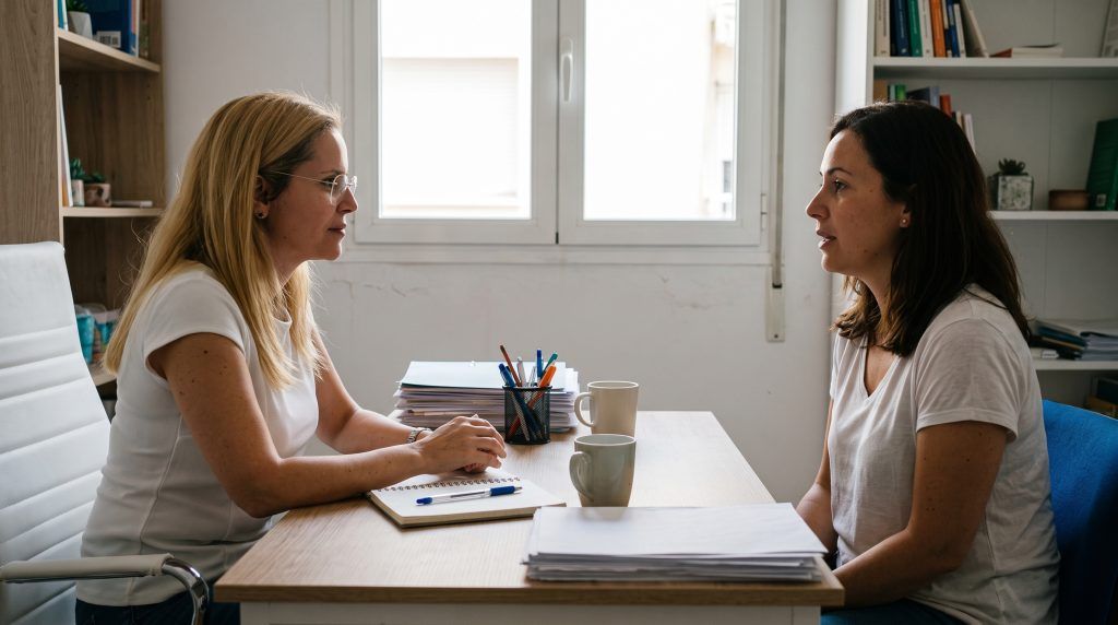 Neuropsicóloga escuchando a una paciente con trastorno neurológico funcional en consulta
